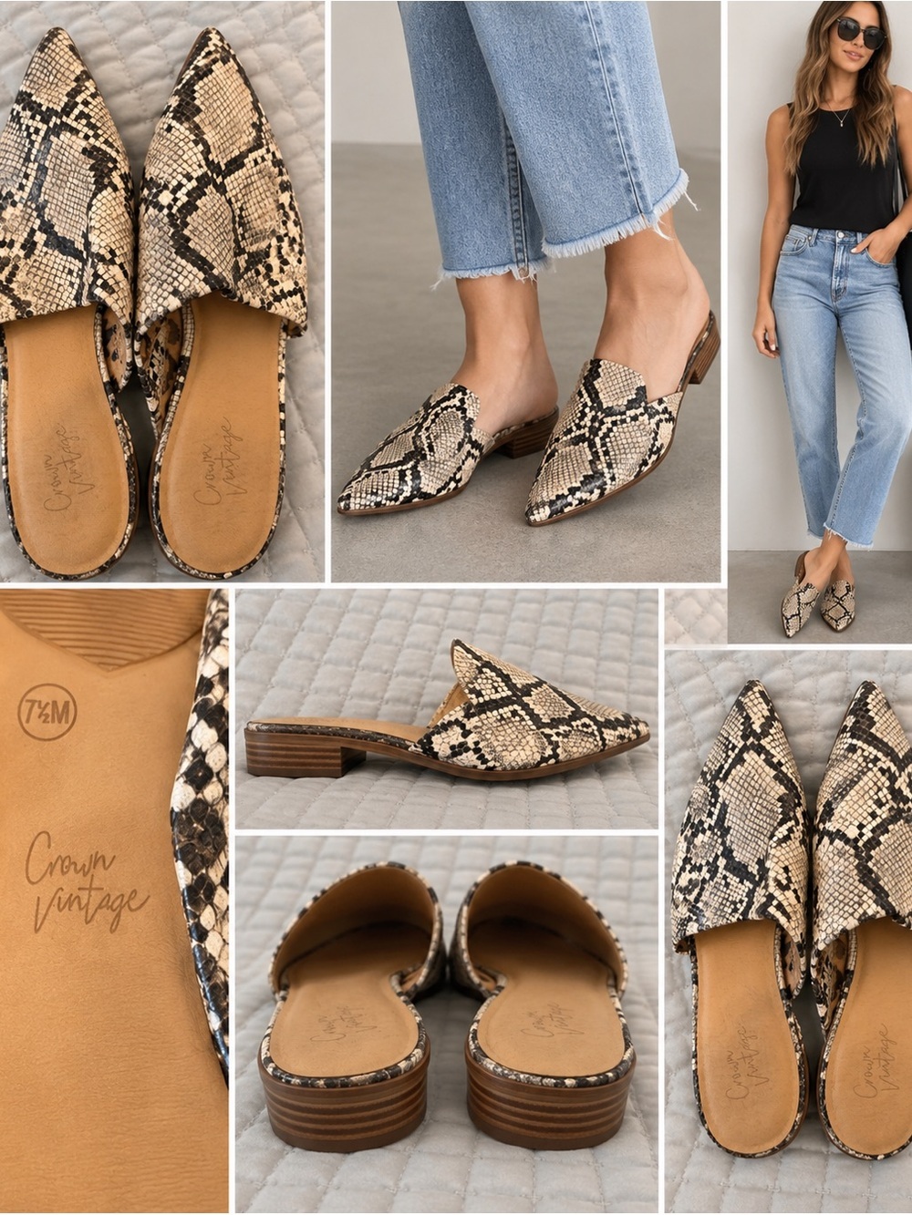 Crown Vintage Snakeskin Pointed Toe Mules Slides Size 7.5